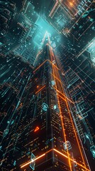 A digital painting of a tall tower surrounded by glowing blue and orange circuitry.