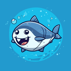 A cartoon shark is smiling and has its mouth open