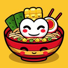 Kawaii bowl of noodle with cute face. Vector illustration.
