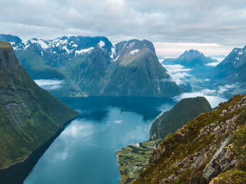 Norway fjord and mountains landscape Hjorundfjord aerial view travel in Sunnmore Alps summer season beautiful destinations morning scenery scandinavian nature