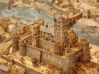 High-magnification view of the Tower of London, medieval fortress