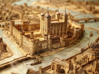 High-magnification view of the Tower of London, medieval fortress