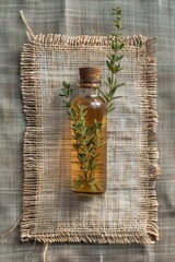 wormwood essential oil on burlap background. selective focus