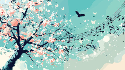 Flying music notes and blooming tree on spring day vector