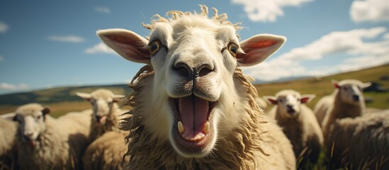 Fototapeta premium Sheep meadow sunny day closeup