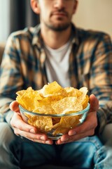 close-up of a man holding a bowl of chips