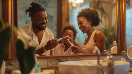 A family of 3 happily brushing their teeth at night time, getting ready for bed