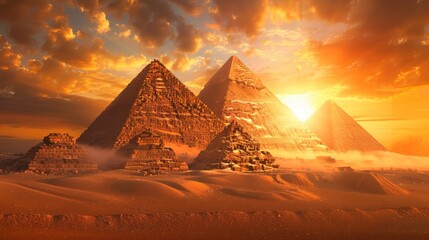 Sunset view of the Pyramids of Giza, mystical atmosphere, ancient Egyptian ruins