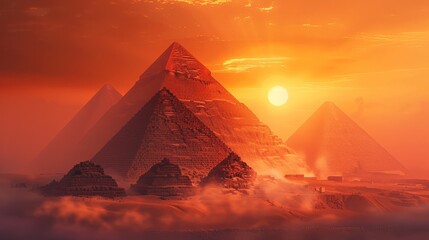 Sunrise over the Pyramids of Giza, ancient Egyptian monuments, mystical atmosphere