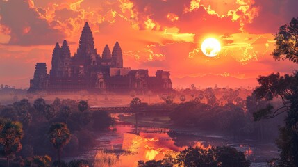 Sunset over Angkor Wat, ancient Cambodian temple complex