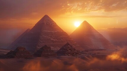Sunrise over the Pyramids of Giza, ancient Egyptian monuments, mystical atmosphere