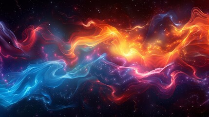A colorful, swirling galaxy of red, blue, and yellow