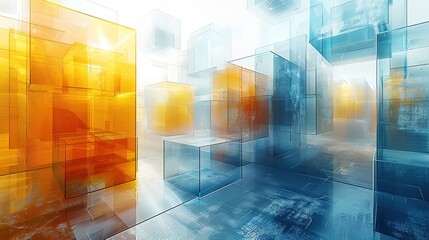  Futuristic Minimalist 3D Digital Background with Cubes, Transparent Skyscrapers, and Particle Art in Blue, White, Yellow for Modern Abstract Design Concepts