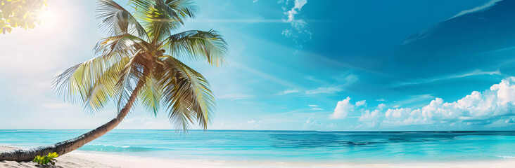 panoramic view of Tropical Beach with Lush Palm Tree Over Turquoise Waters Under a Brilliant Blue Sky