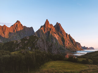 Lofoten islands sunset mountains and sea landscape in Norway travel beautiful destinations scenery...