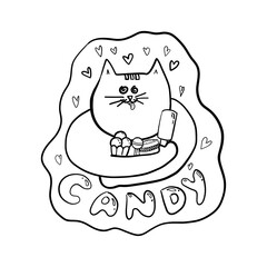  Joyful Cat Embracing Ice Cream, Candy, Cake, Amid Hearts, Vector Illustration