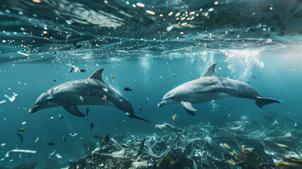 Naklejka premium beautiful beach and blue sea polluted by waste plastic, dolphins and turtles in a polluted ocean conditions