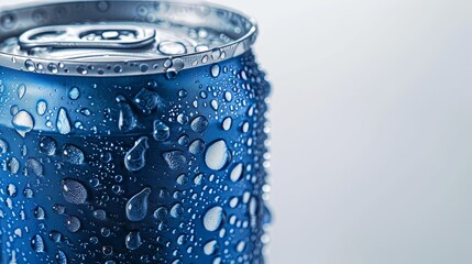 Vivid close-up of an energy drink can on an isolated white background, highlighted with studio lighting, showcasing droplets of condensation, caffeine & vitamins visible