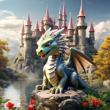 sad cute dracon near castle