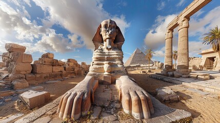 Panoramic view of the Sphinx's detailed carvings, ancient Egyptian monument