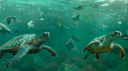 beautiful beach and blue sea polluted by waste plastic, dolphins and turtles in a polluted ocean conditions