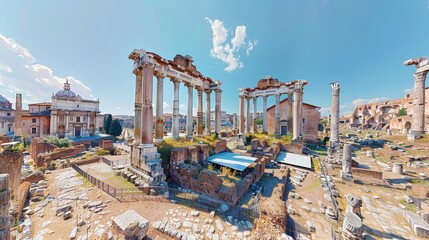 Panoramic view of the Roman Forum's ancient ruins, iconic Roman site