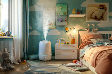 humidifier or diffuser. Modern white air humidifier or diffuser for home in children's room.