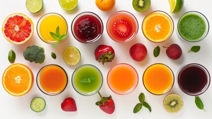 Top view of assorted fresh and commercial juices, featuring vivid vegetable extracts, perfect studio lighting on a seamless white background