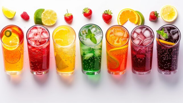 Top view of an assortment of carbonated soft drinks, vivid colors of colas, lemon-lime, and fruit sodas, high contrast on a pure white background
