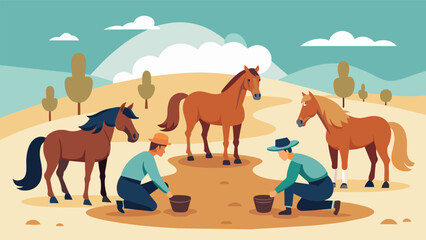 Amidst the sounds of hooves on dirt the riders discussed their favorite techniques for training wild horses.. Vector illustration
