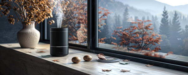 humidifier or diffuser. modern black air humidifier for home stands on the windowsill in a modern interior