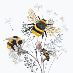 Fashion vector floral illustration with bumblebee and plants