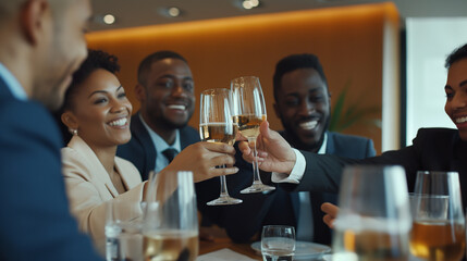 professionals from different ethnicities proudly raising a toast to their accomplishments in a bright and clean corporate boardroom.