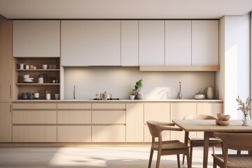 Fototapeta premium Interior of modern kitchen with white walls, wooden floor, beige cupboards and wooden cupboards