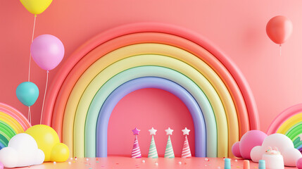 3d rendering of colorful rainbow background wall with birthday party decoration, rainbow colors, empty wall mock up, birthday invitation, greeting card	
 - obrazy, fototapety, plakaty