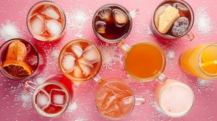 Top-down view of assorted iced tea and coffee in glass mugs, vibrant colors, crisp isolated background, studio lights, sugar sprinkled around - obrazy, fototapety, plakaty