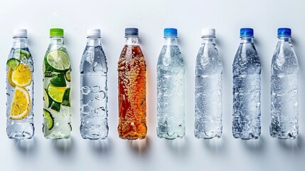Top-down perspective of various water types, clearly distinguishing between plain, sparkling, and flavored, ideal for advertisement, stark white background, professionally lit - obrazy, fototapety, plakaty