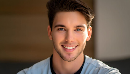 Obraz premium The handsome young man with colorful eyes, smiling towards the camera in close-up
