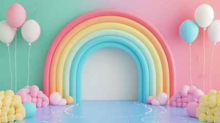 3d rendering of colorful rainbow background wall with birthday party decoration, rainbow colors, empty wall mock up, birthday invitation, greeting card	
 - obrazy, fototapety, plakaty