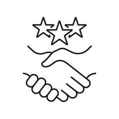 Customer Appreciation Line Icon. Handshake With Stars Linear Pictogram. Client Review Symbol. Business Communication And Support. Best Partnership Sign. Editable Stroke. Isolated Vector Illustration
