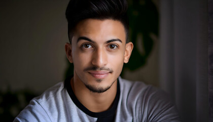 Fototapeta premium The handsome young man smiling towards the camera in close-up