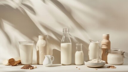 Studio shot of a variety of dairy and non-dairy milk options like oat milk and almond milk, highlighted with sharp studio lighting, on a clean background - obrazy, fototapety, plakaty