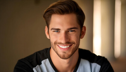 Fototapeta premium The handsome young man with colorful eyes, smiling towards the camera in close-up