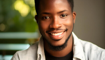 The handsome young man smiling towards the camera in close-up - obrazy, fototapety, plakaty