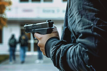 Close up of man with a pistol gun standing in front of a high school building in blurry background