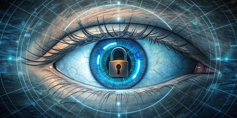 Network security illustration with a lock and the guarding eye on the internet