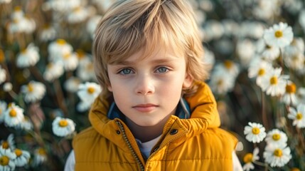 Young boy in yellow vest standing amidst white daisies in a sunny field