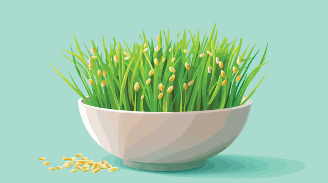 Fresh wheatgrass and seeds in bowl on color background