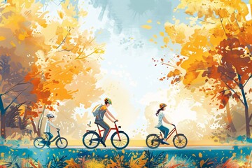 active, family, riding, bike, forest, park, vector, flat, illustration, mother, father, daughter, son, cycling, together, parents, kids, enjoying, healthy, lifestyle, recreational, outdoor, activity