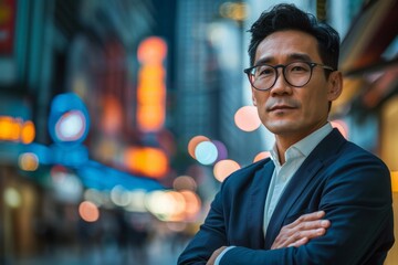 Close up front view in city outdoors Asian Korean man business boss leader company CEO smiling glad happy middle-aged businessman